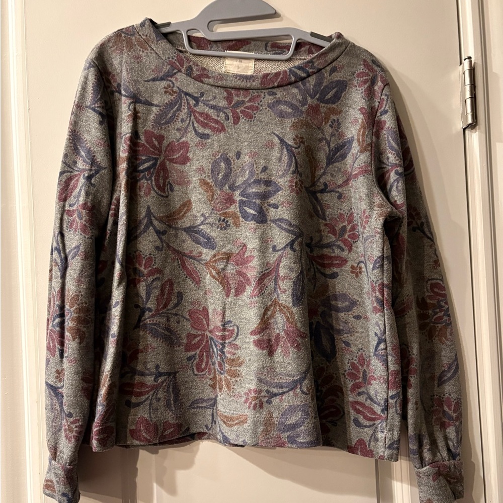 Anthropologie Floral Sweatshirt in Gray with Pink & Blue Accents Sz S